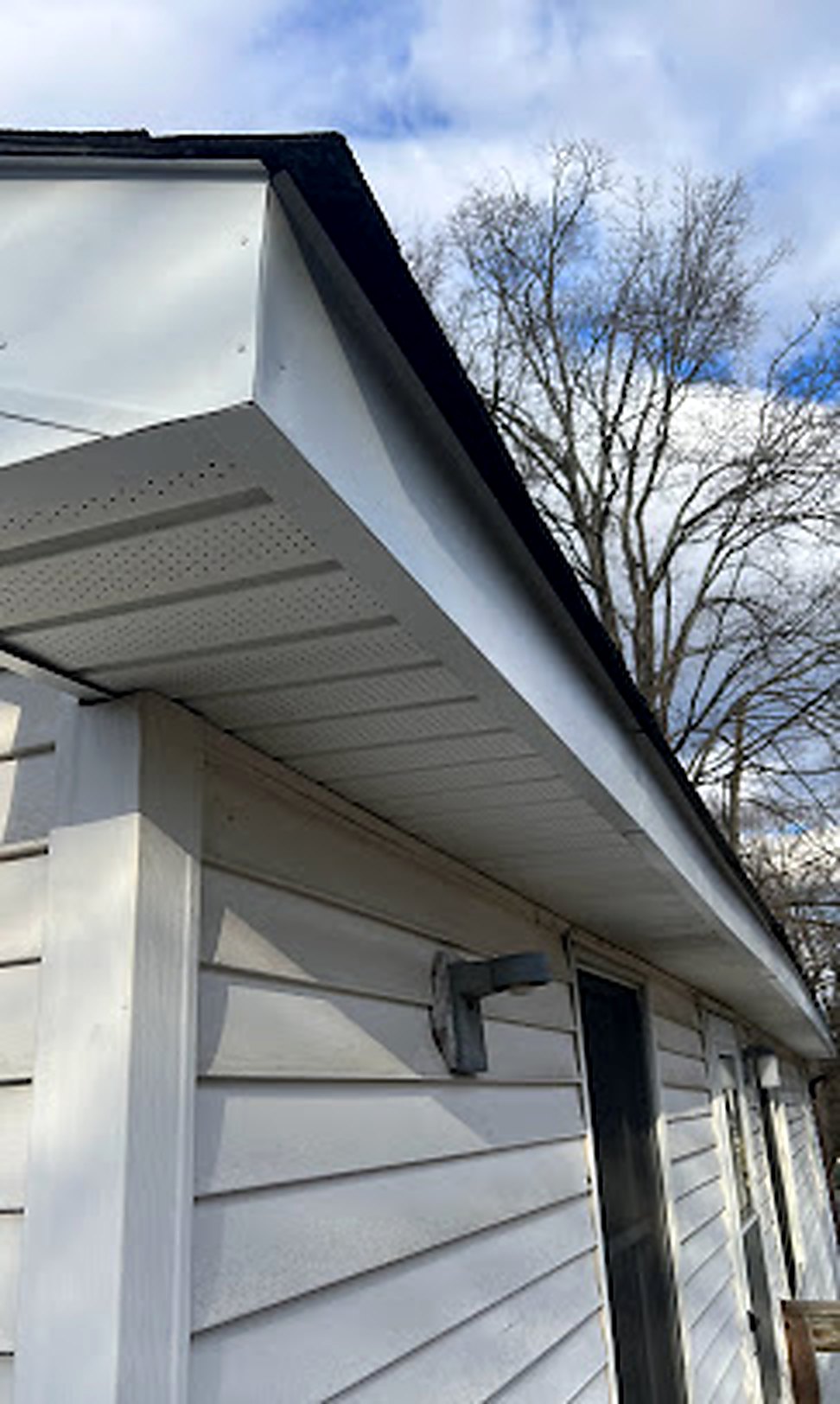 New soffit, fascia, and gutter strap, side view